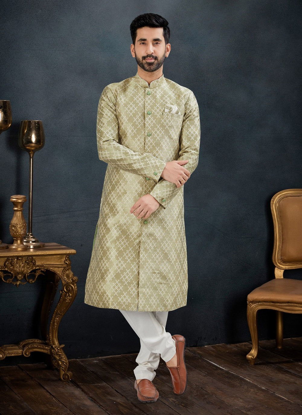 Fancy Work Banarasi Jacquard Green Kurta Pyjama - M7121