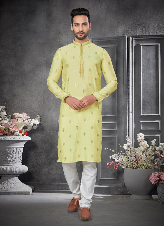 Embroidered Cotton Silk Green Kurta Pyjama - M6402