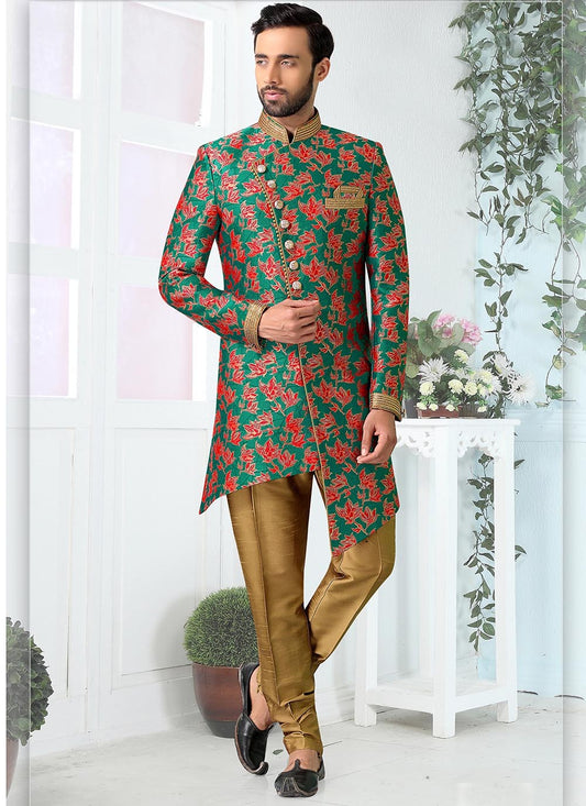 Weaving Zari Jacquard Green Indo Western - M1893