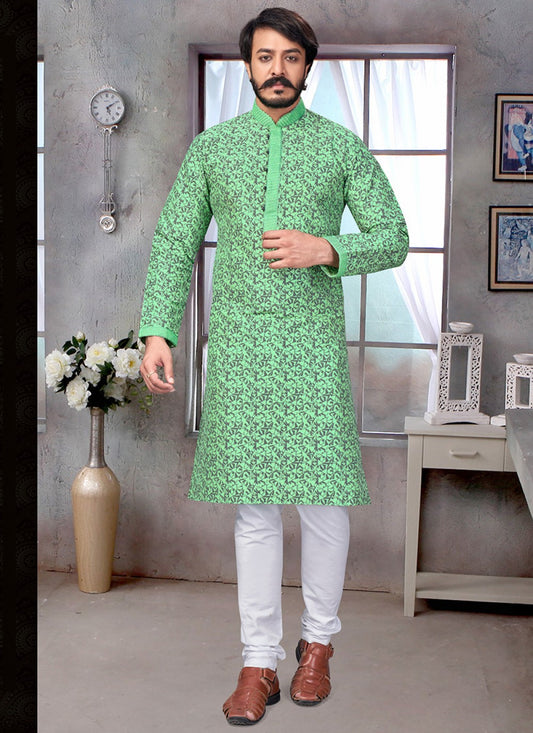 Printed Jacquard Silk Green Kurta Pyjama - M1884