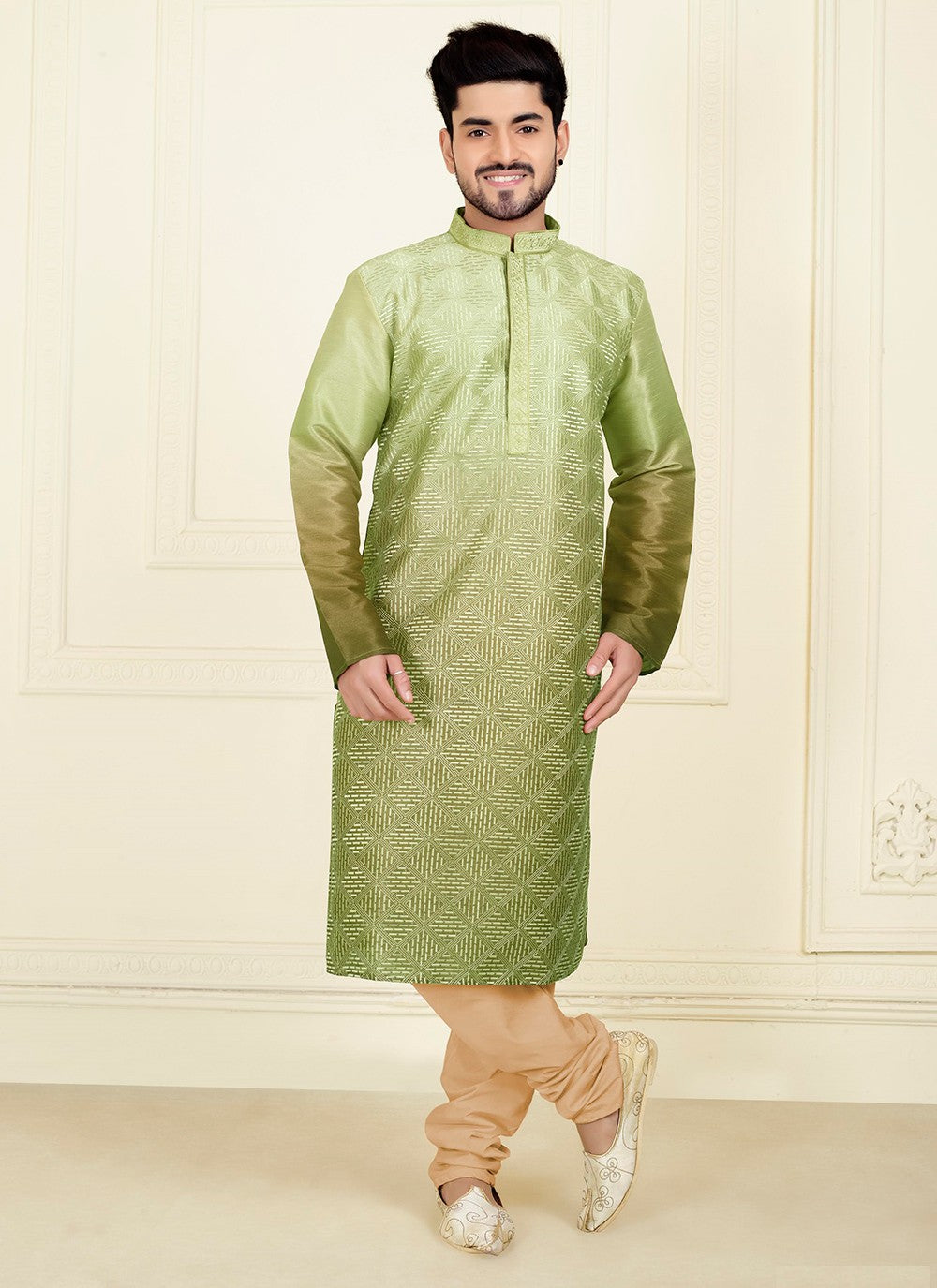 Embroidered Silk Green Kurta Pyjama - M6835