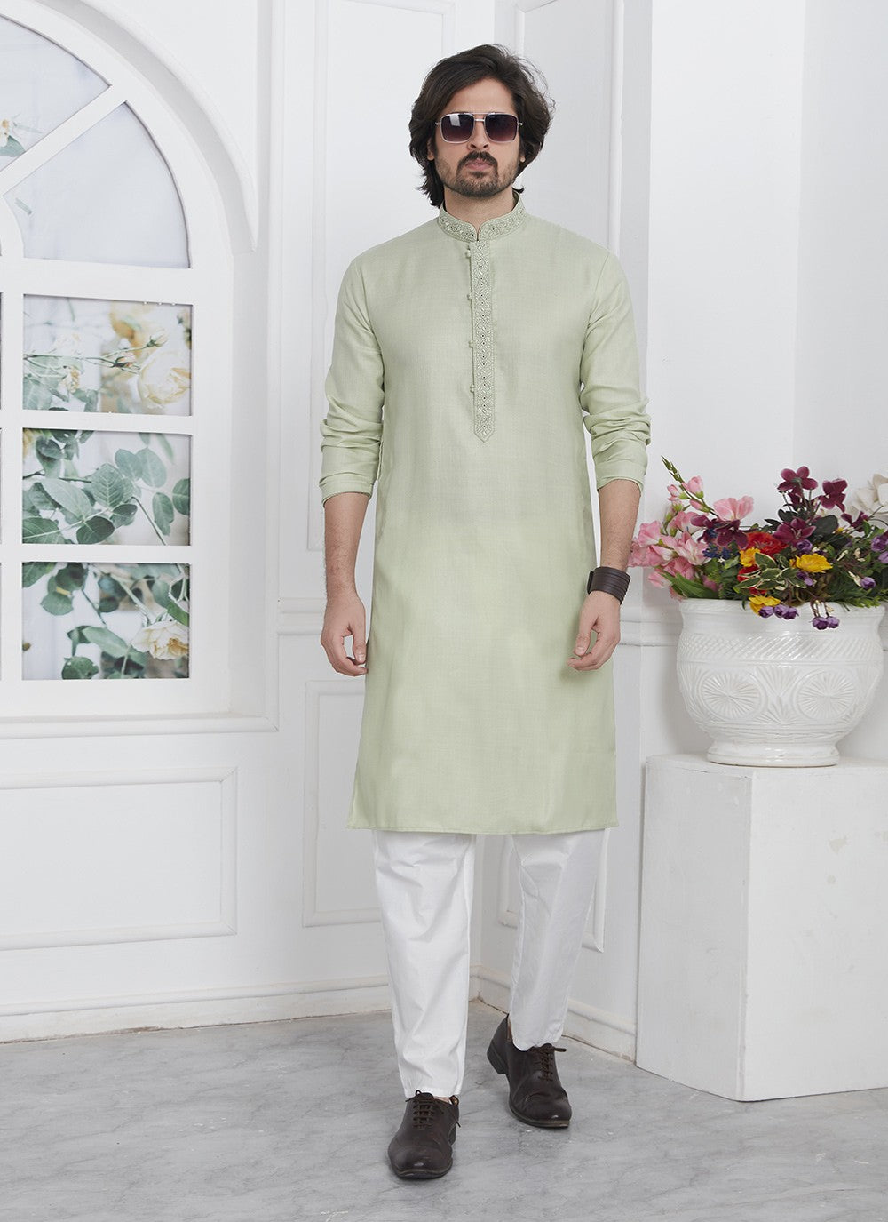 Fancy Work Cotton , Linen Green Kurta Pyjama - M7116