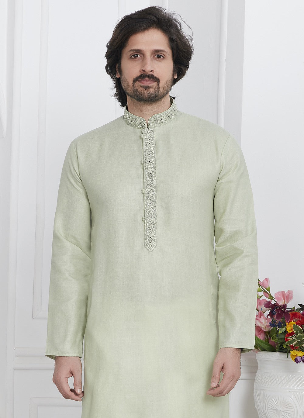 Fancy Work Cotton , Linen Green Kurta Pyjama - M7116