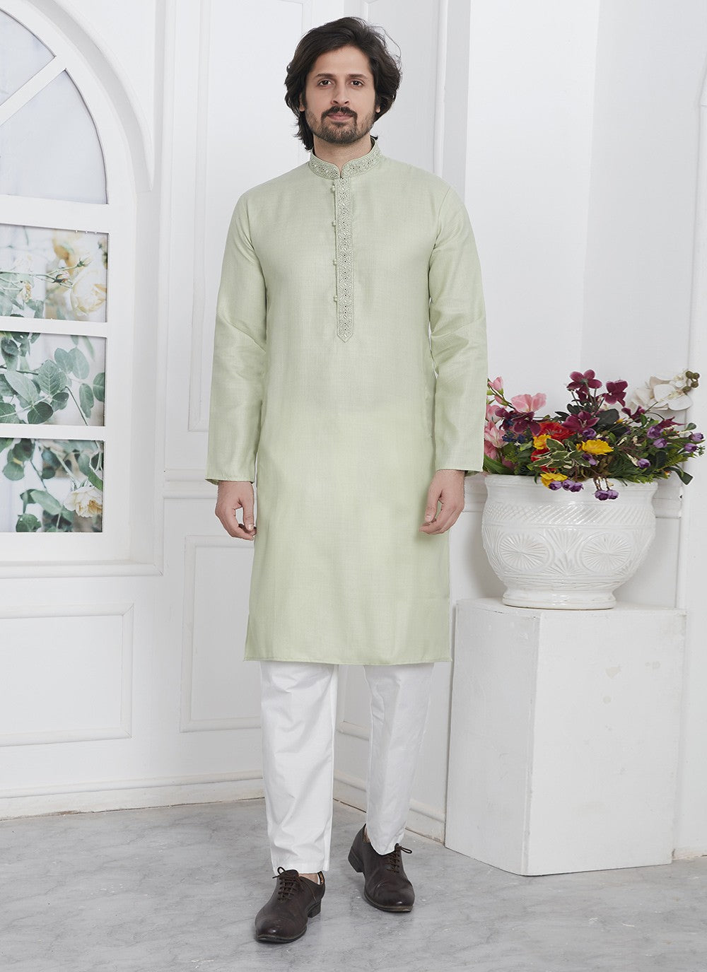 Fancy Work Cotton , Linen Green Kurta Pyjama - M7116