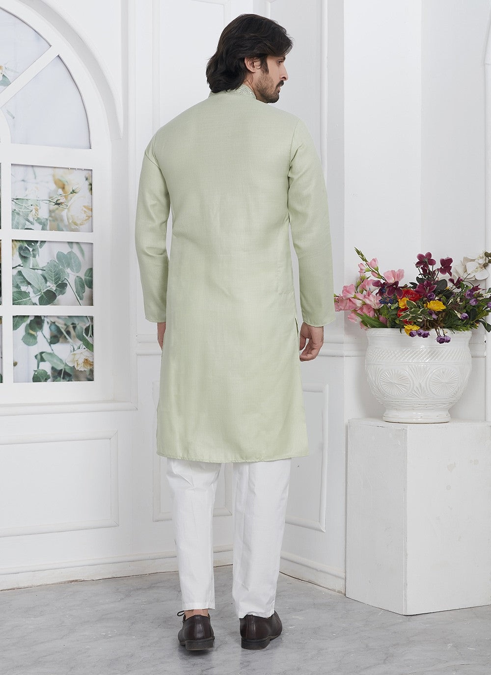 Fancy Work Cotton , Linen Green Kurta Pyjama - M7116