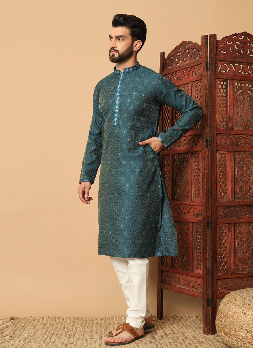 Mirror Jacquard Green Kurta Pyjama - M8486