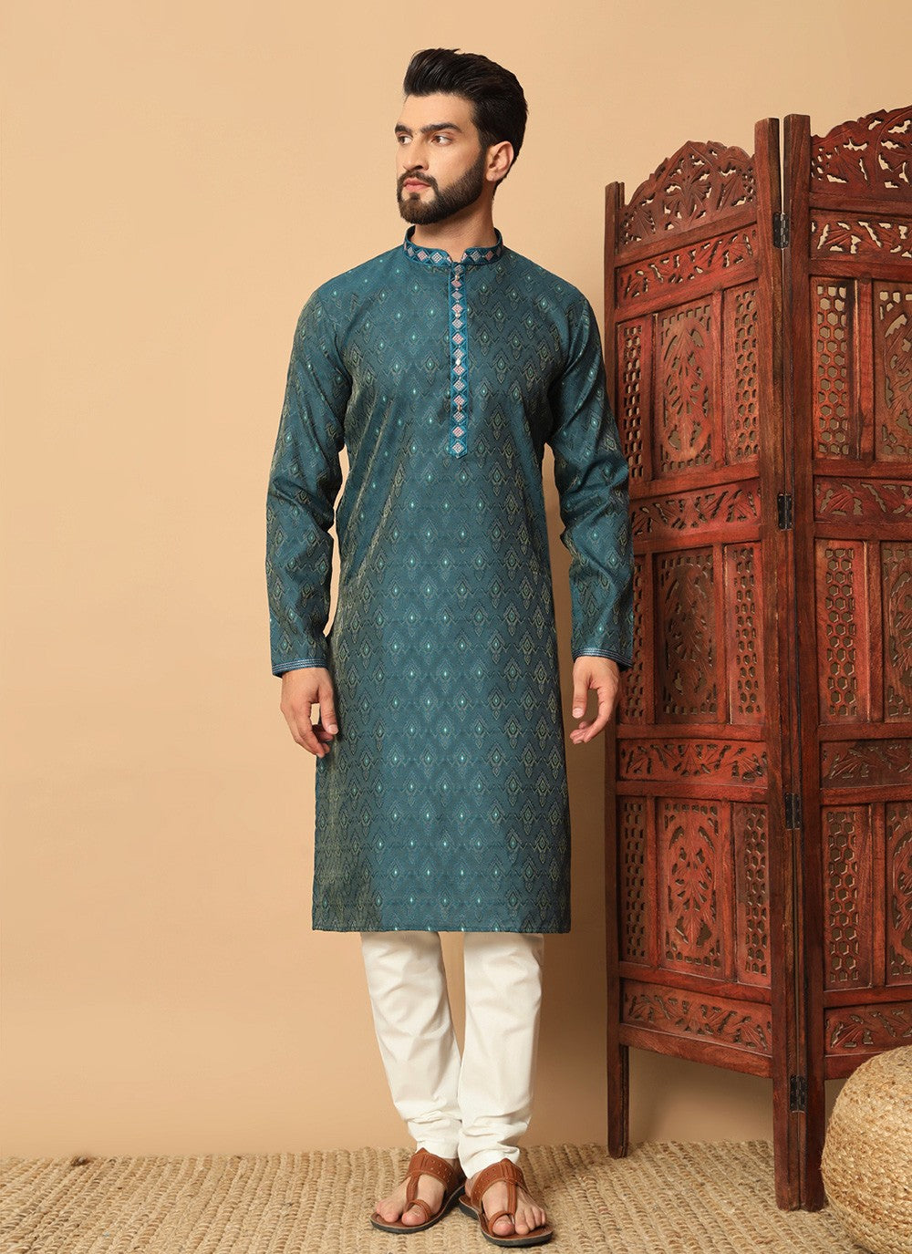 Mirror Jacquard Green Kurta Pyjama - M8486