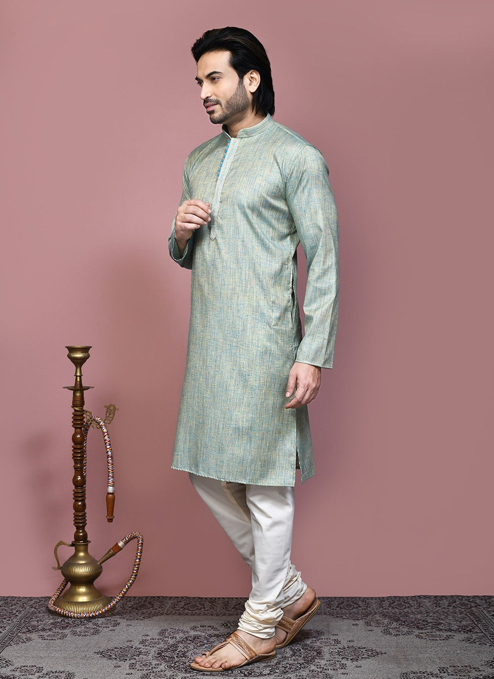 Plain Cotton Silk Green Kurta Pyjama - M7880