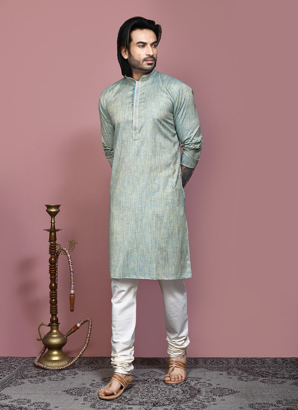 Plain Cotton Silk Green Kurta Pyjama - M7880