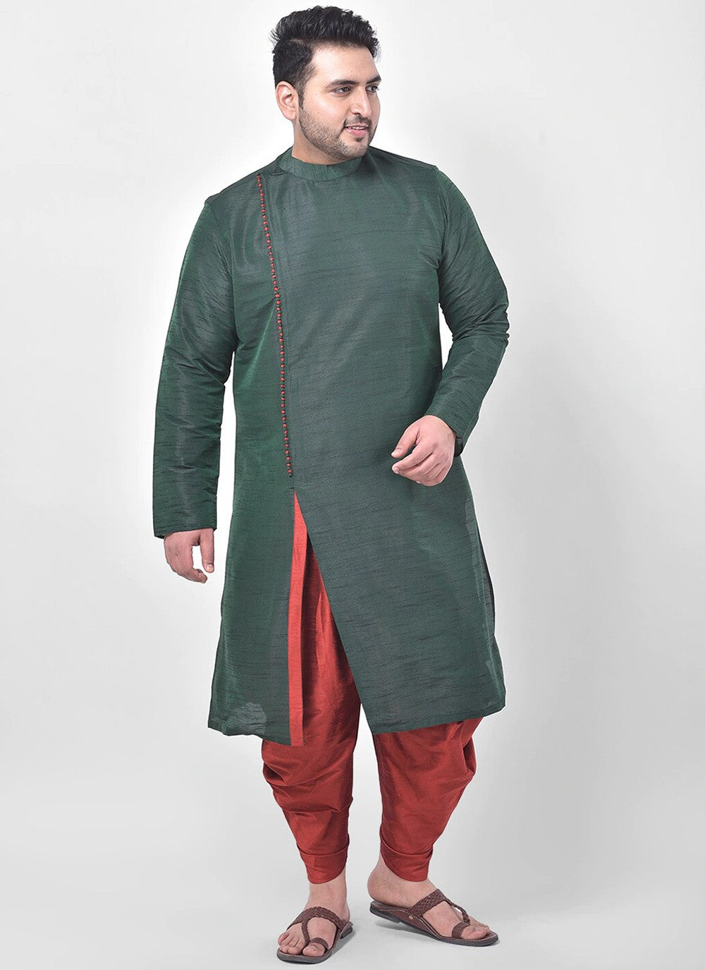 Plain Dupion Silk Green Indo Western - M2655