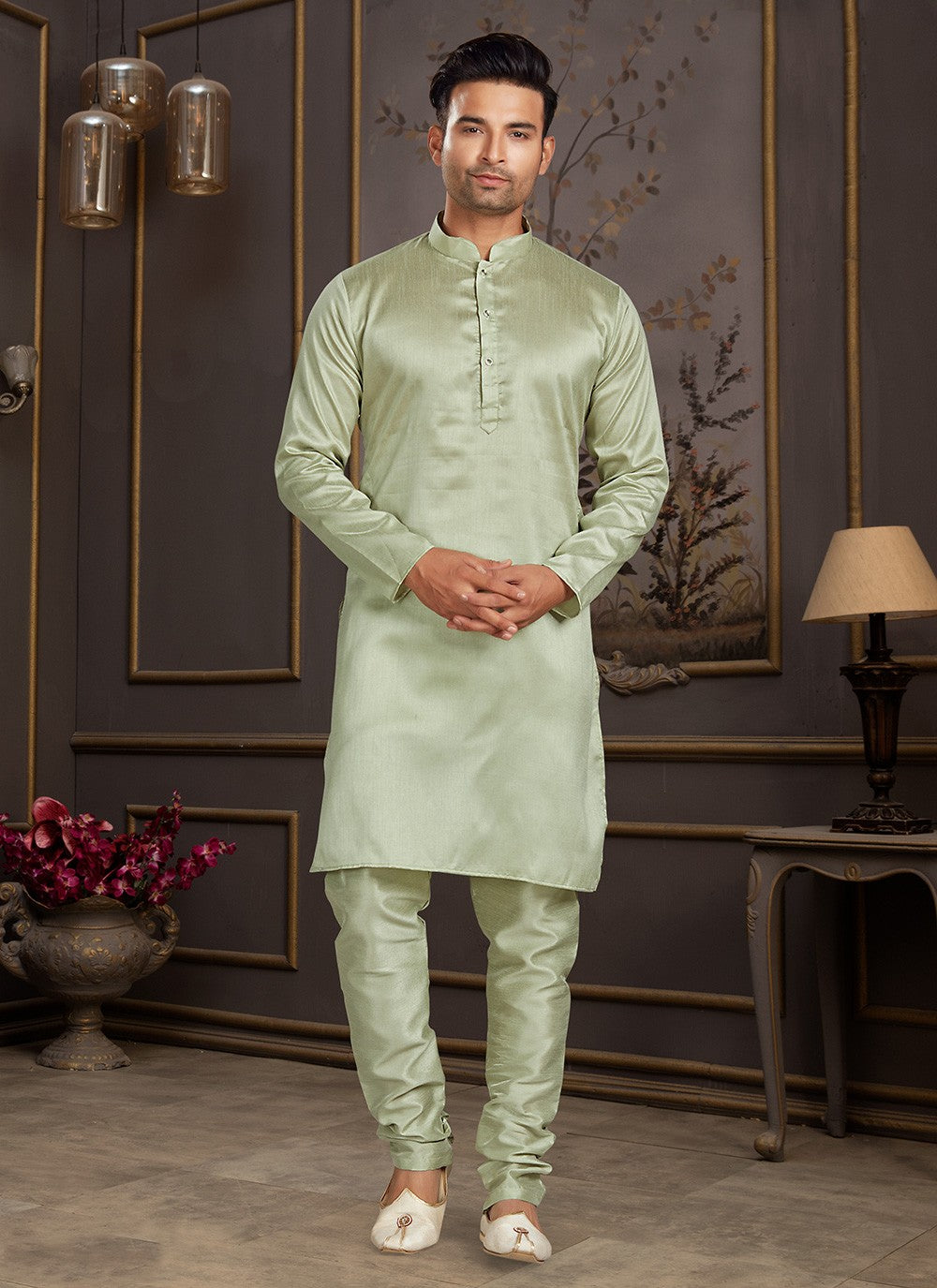 Plain Silk Green Kurta Pyjama - M3395