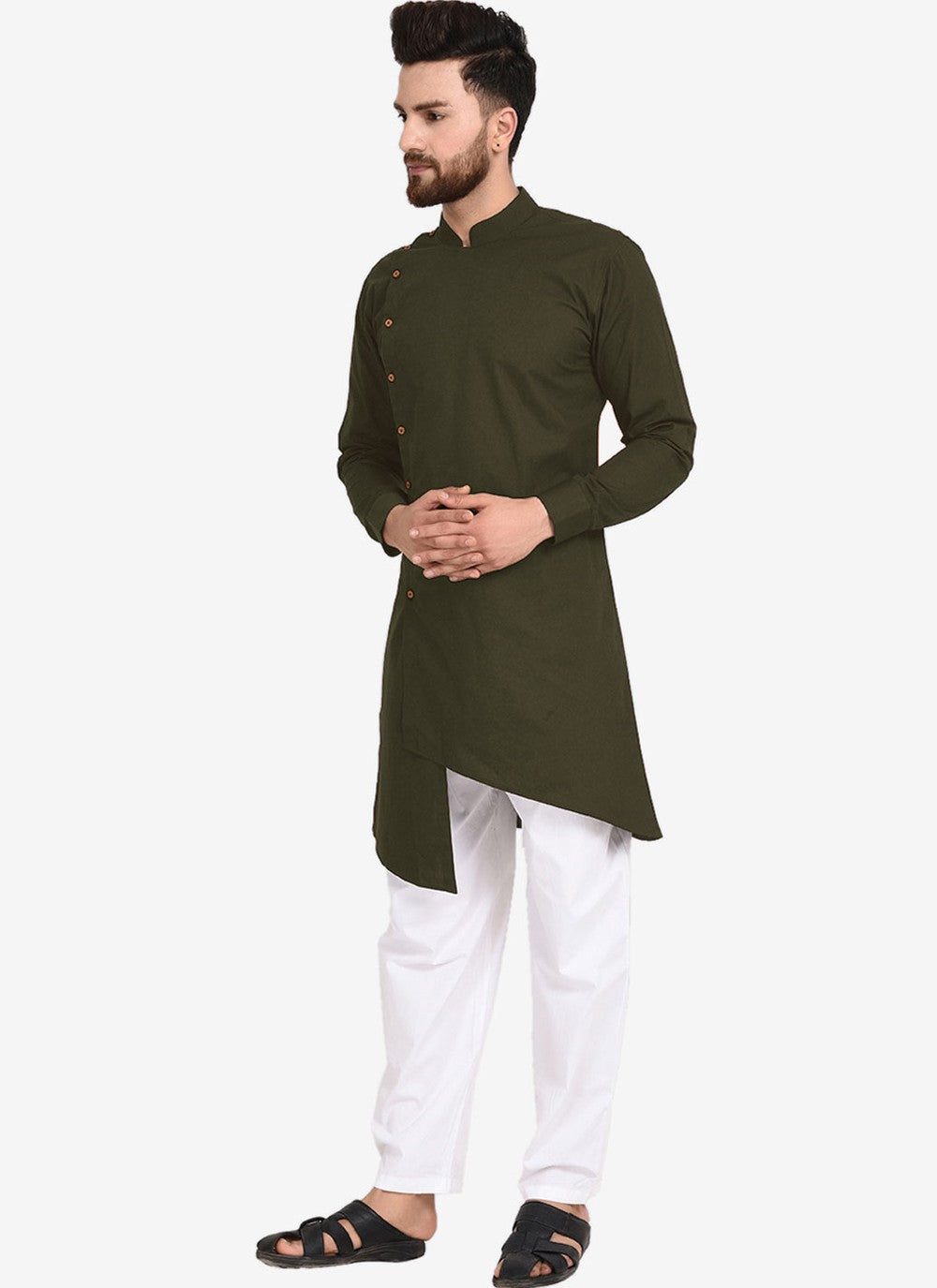 Plain Blended Cotton Green Kurta Pyjama - M4481