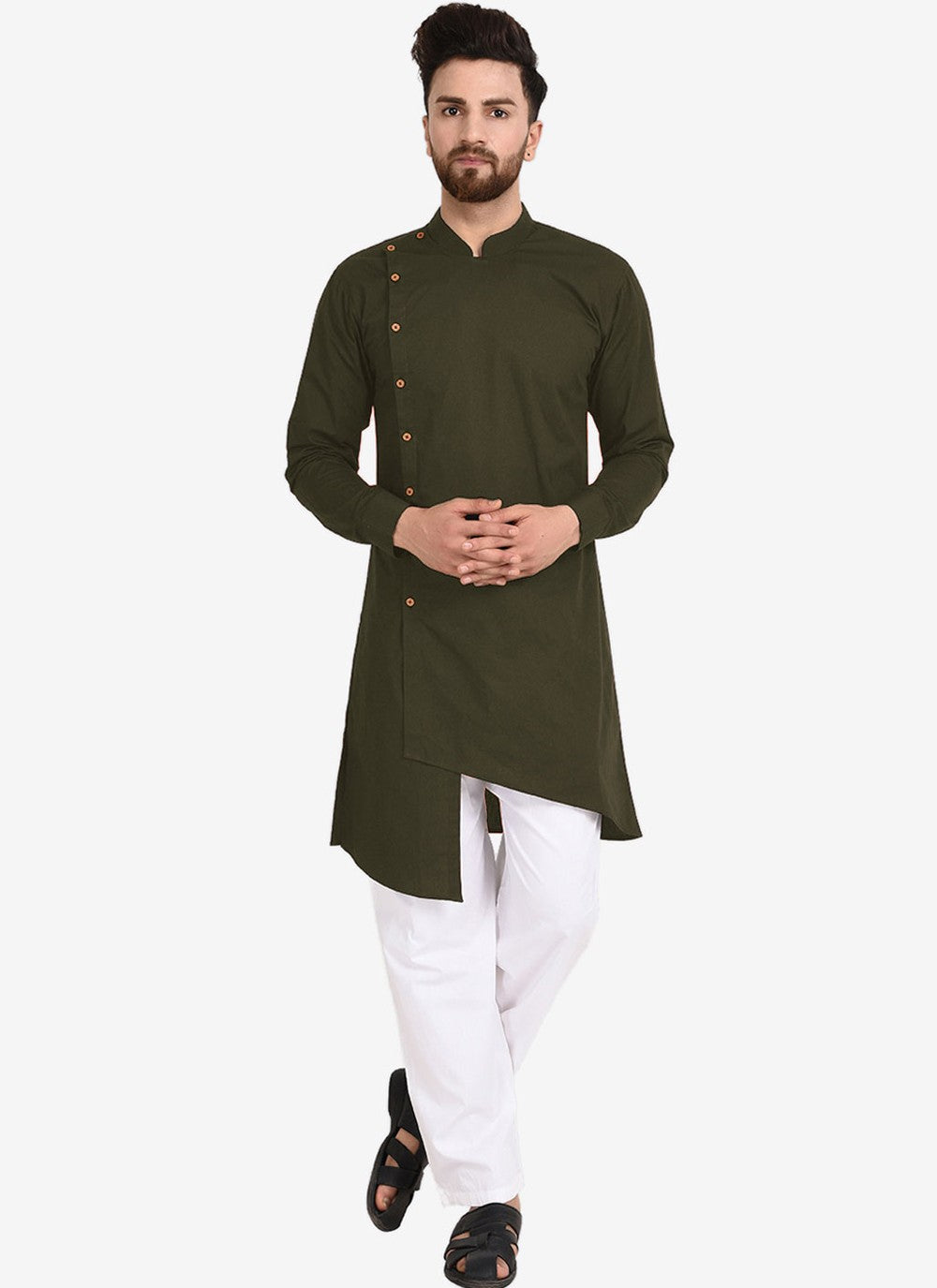 Plain Blended Cotton Green Kurta Pyjama - M4481