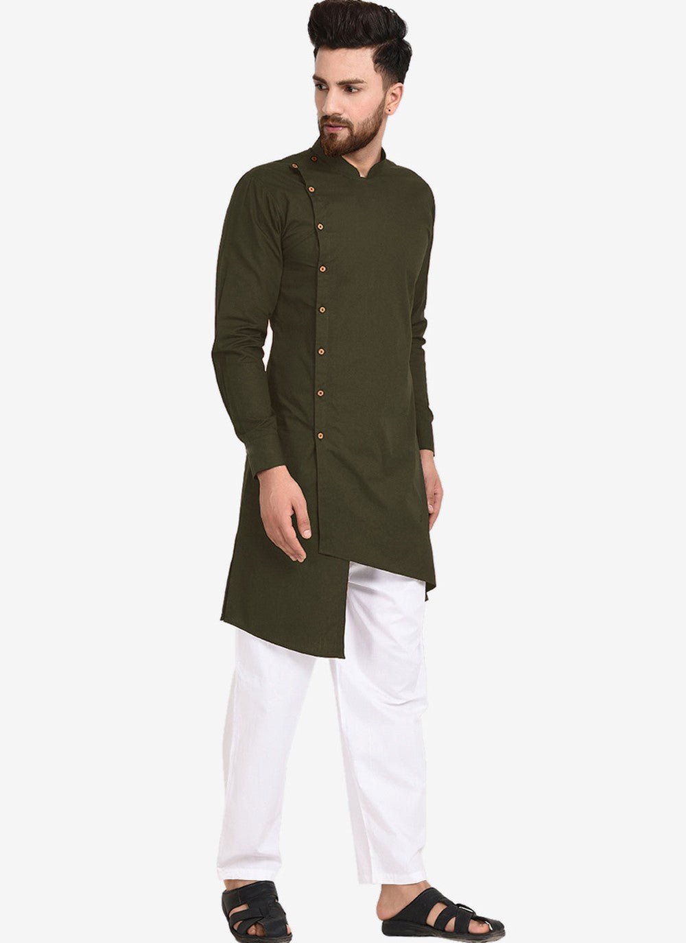 Plain Blended Cotton Green Kurta Pyjama - M4481