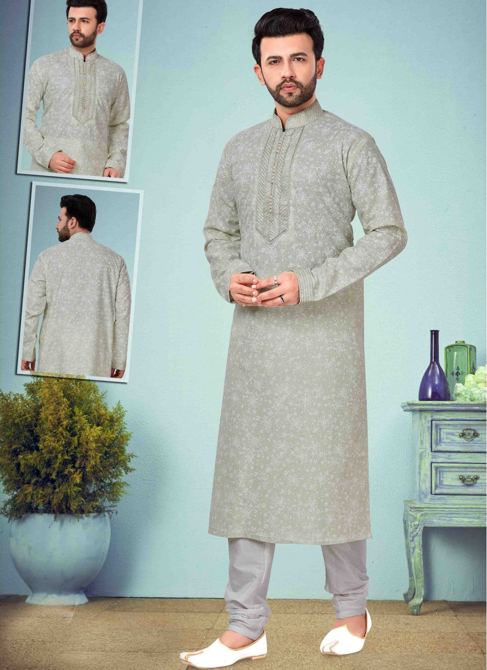 Printed Cotton Silk Green Kurta Pyjama - M1638