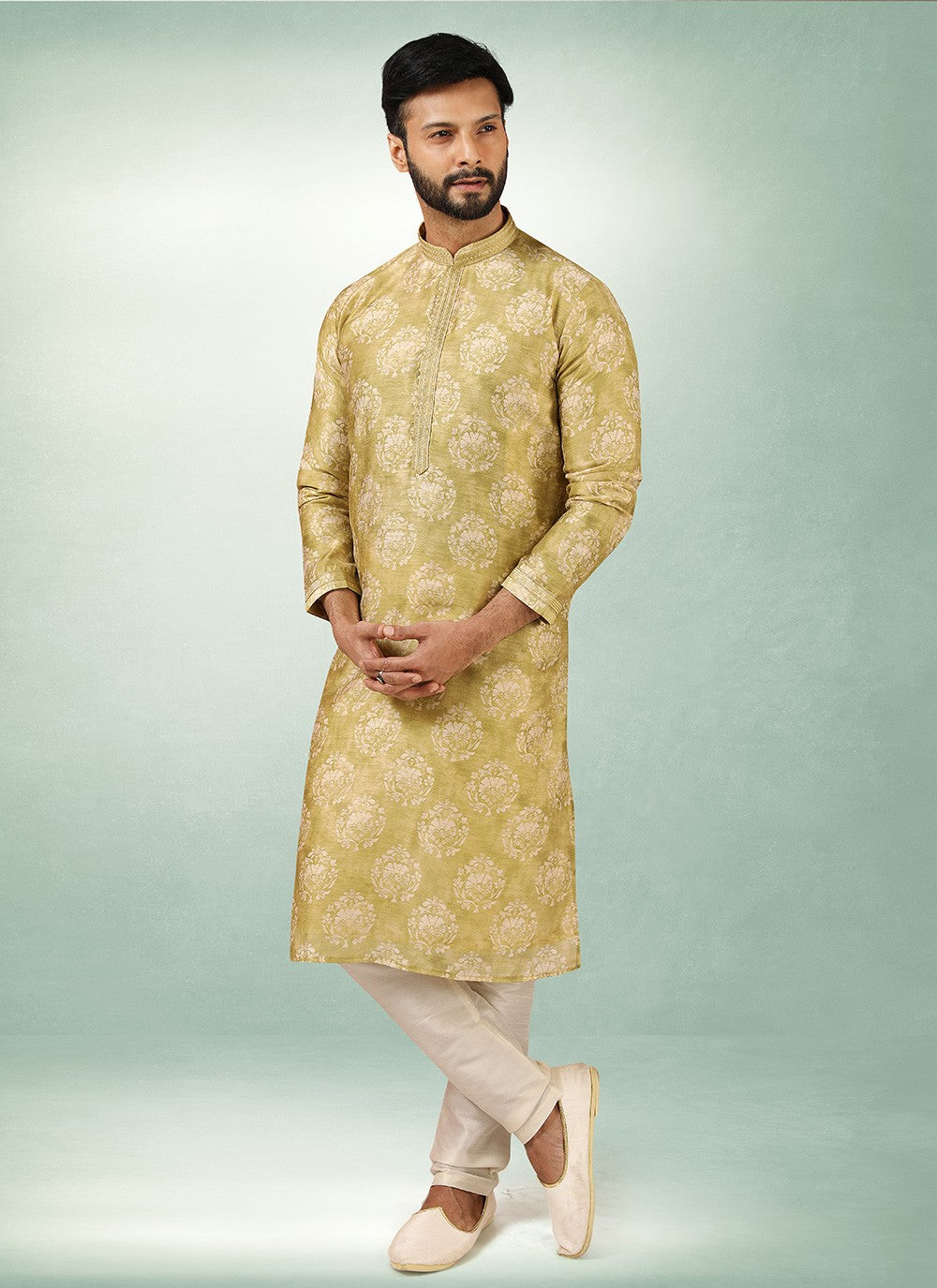 Printed Art Silk Green Kurta Pyjama - M2841