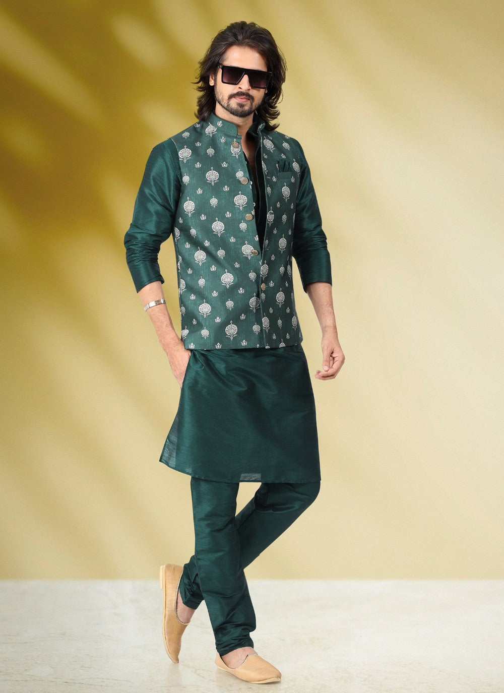 Printed Banarasi Silk Green Kurta Payjama With Jacket - M4580