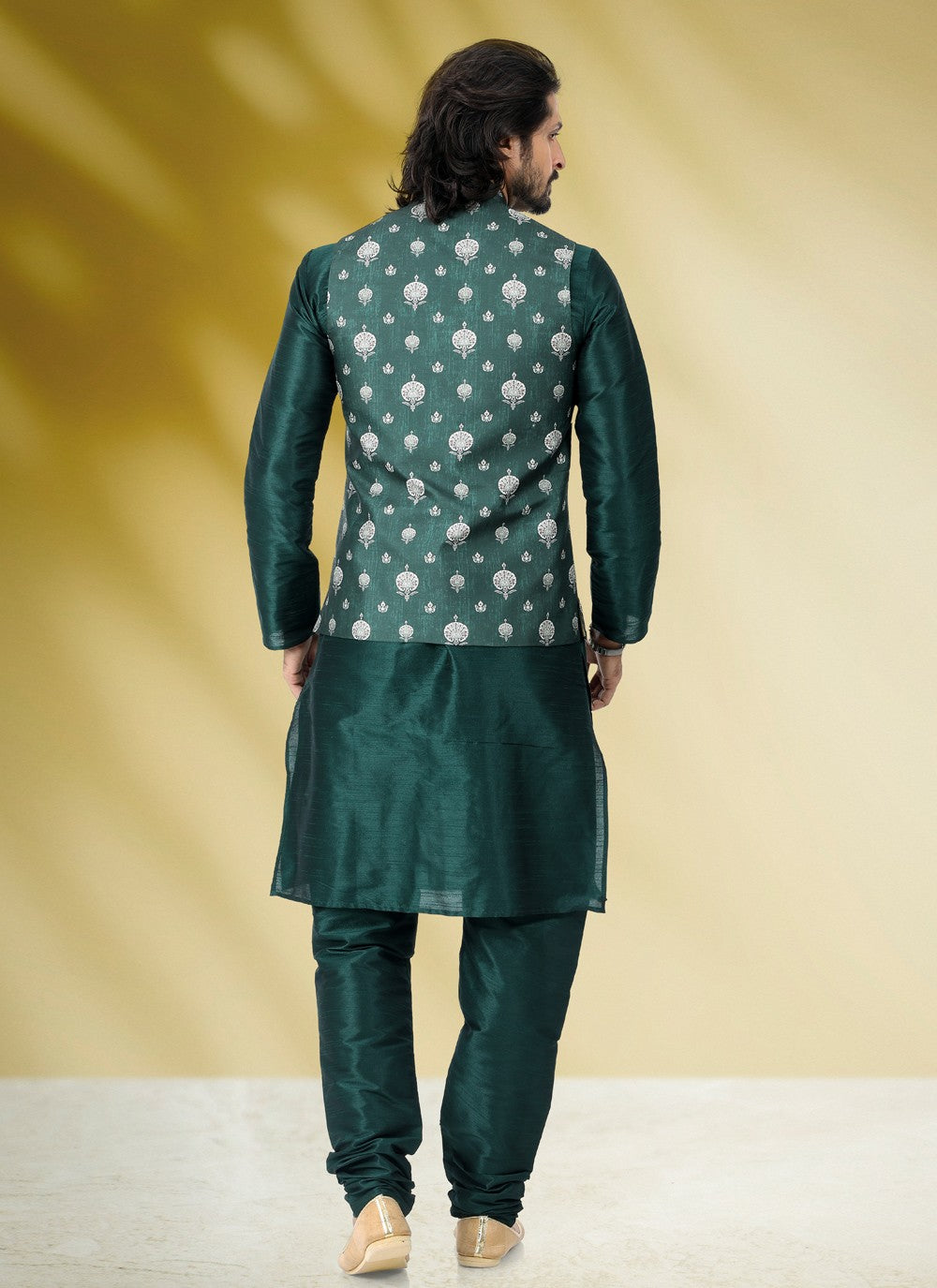 Printed Banarasi Silk Green Kurta Payjama With Jacket - M4580