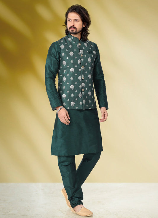 Printed Banarasi Silk Green Kurta Payjama With Jacket - M4580