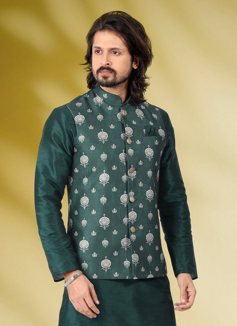 Printed Banarasi Silk Green Kurta Payjama With Jacket - M4580