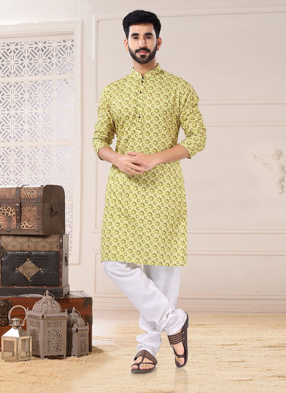 Printed Cotton Green Kurta Pyjama - M4714