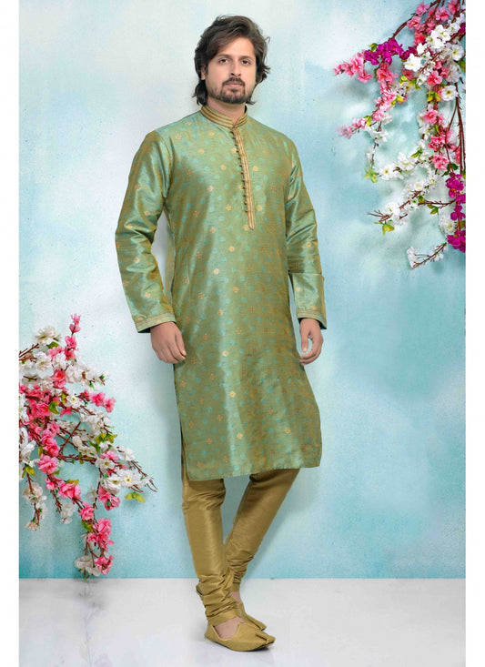 Printed Jacquard Silk Green Kurta Pyjama - M1677