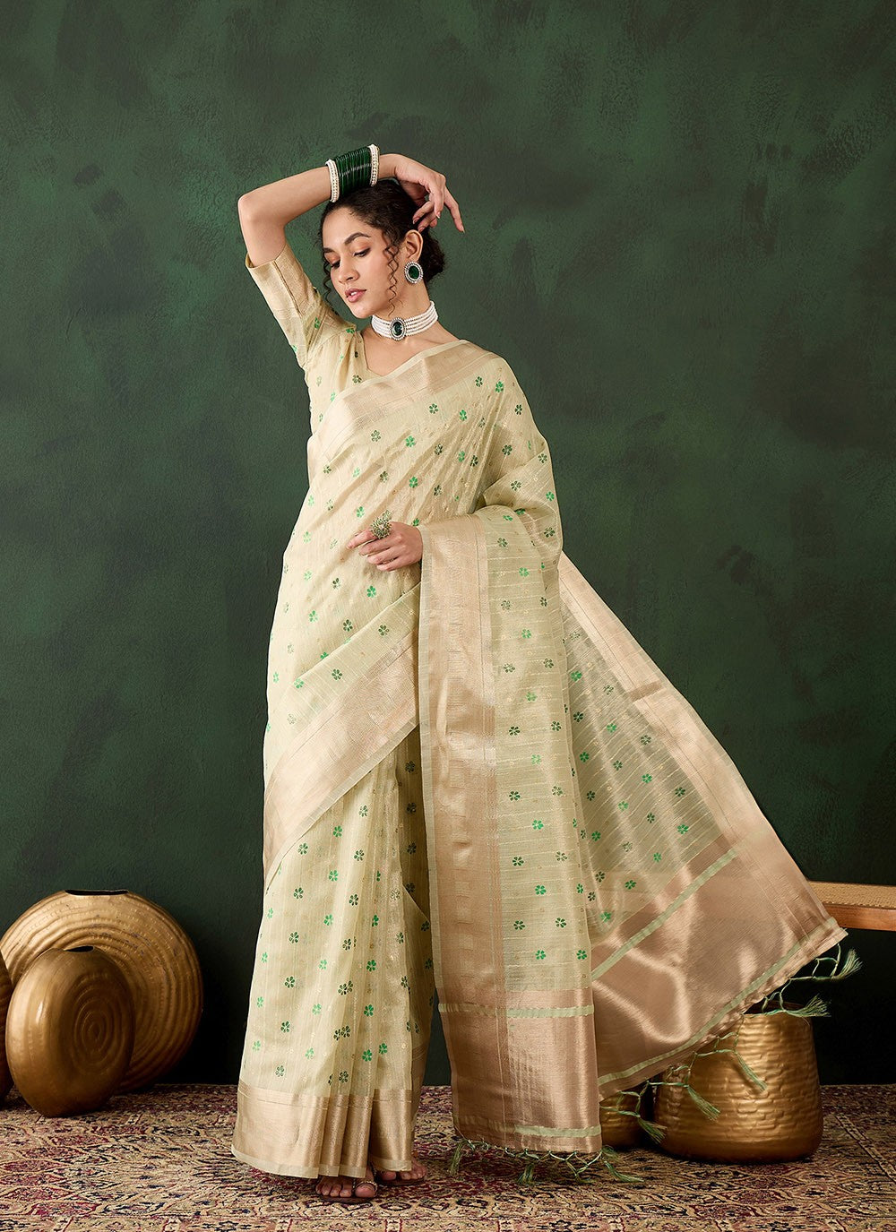 Classic Printed Khadi, Organza Saree - S8296