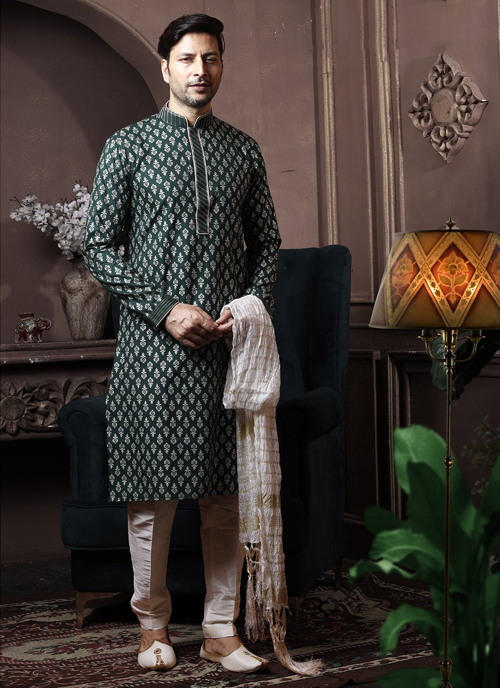 Printed Cotton Green Kurta Pyjama - M3611