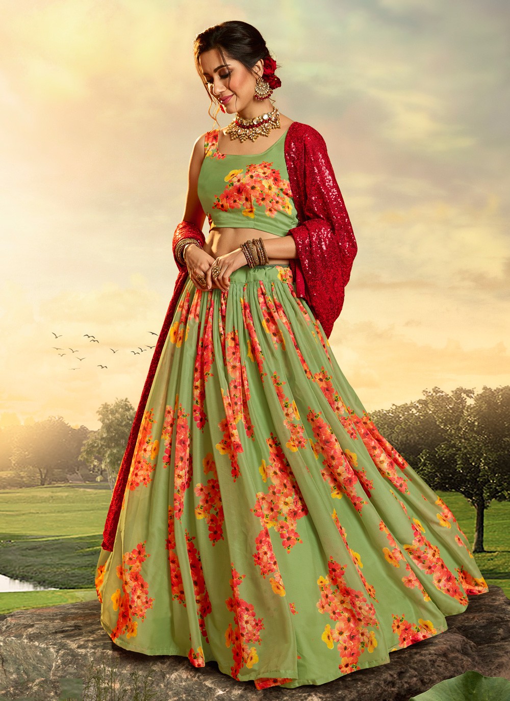 Printed Organza A - Line Lehenga - L0077