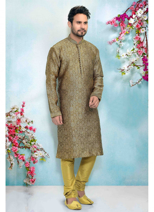 Printed Brocade, Jacquard Green Kurta Pyjama - M1672