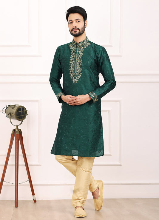 Thread Banarasi Silk Green Kurta Pyjama - M6125