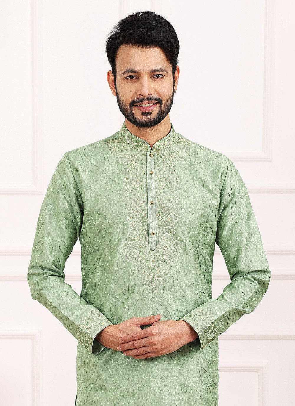 Thread Banarasi Silk Green Kurta Pyjama - M6126