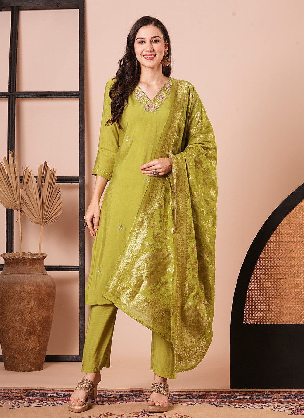 Embroidered Chanderi Pant Style Suit - T4480