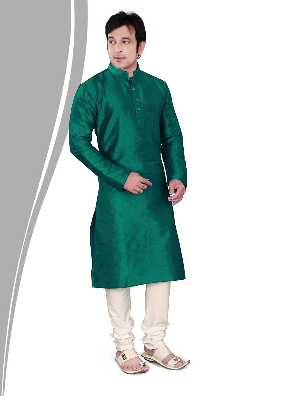 Plain Dupion Silk Green Kurta Pyjama - M2153