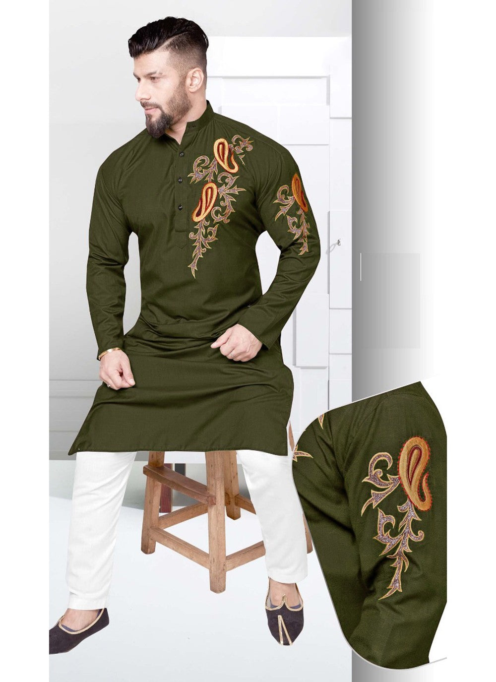 Resham Cotton Green Kurta Pyjama - M2232