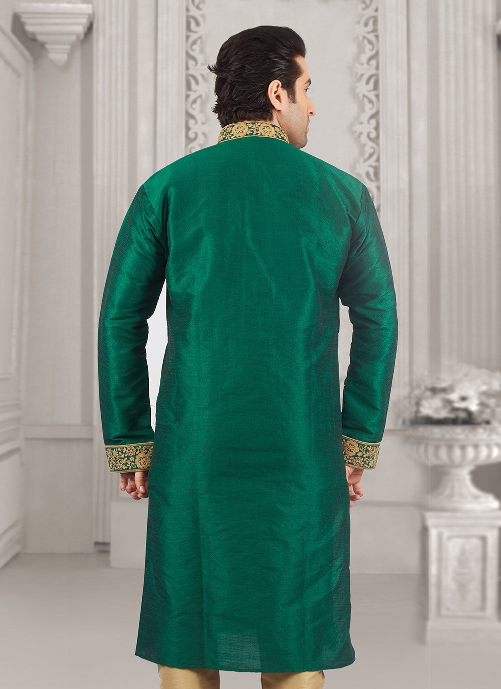 Embroidered Dupion Silk Green Kurta Pyjama - M6557