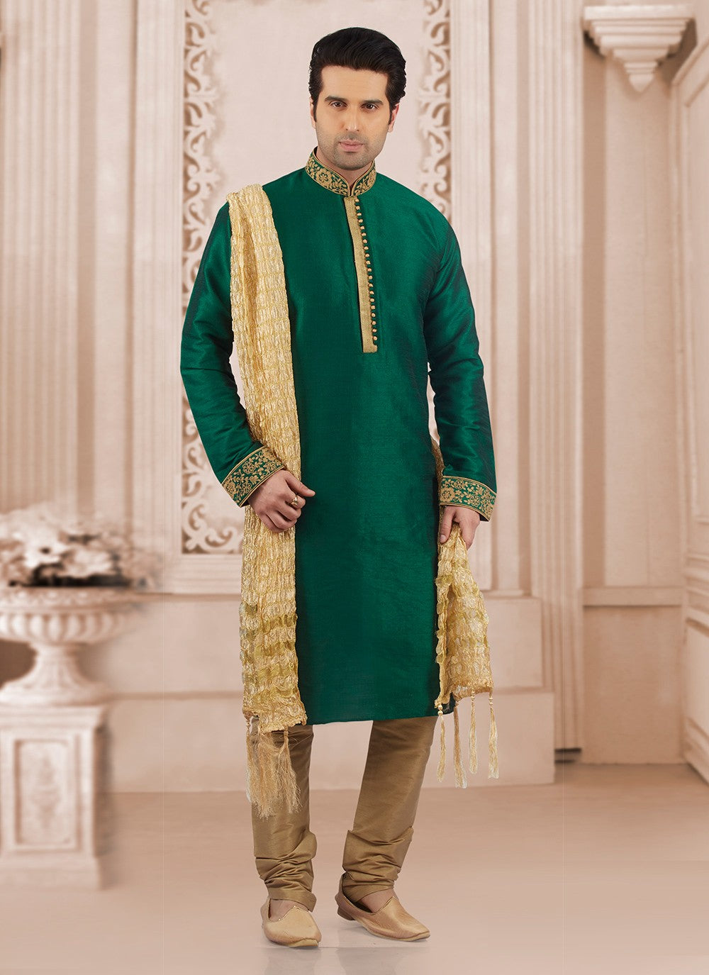 Embroidered Dupion Silk Green Kurta Pyjama - M6557