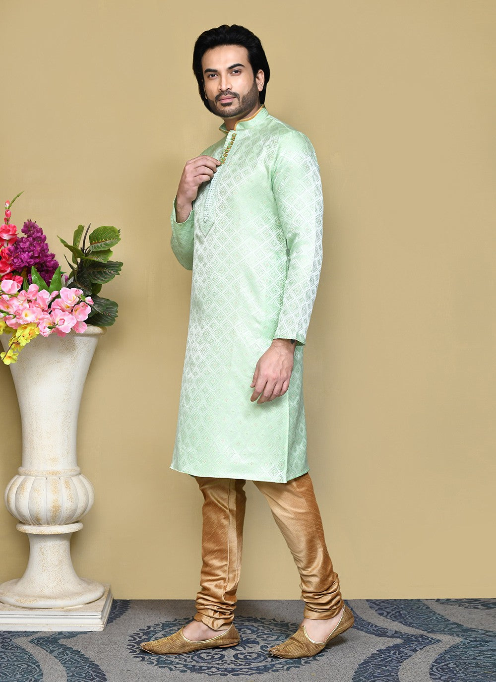 Resham Art Silk Green Kurta Pyjama - M7837