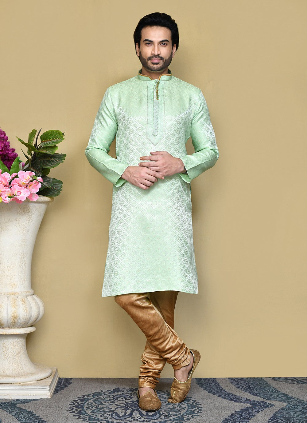 Resham Art Silk Green Kurta Pyjama - M7837