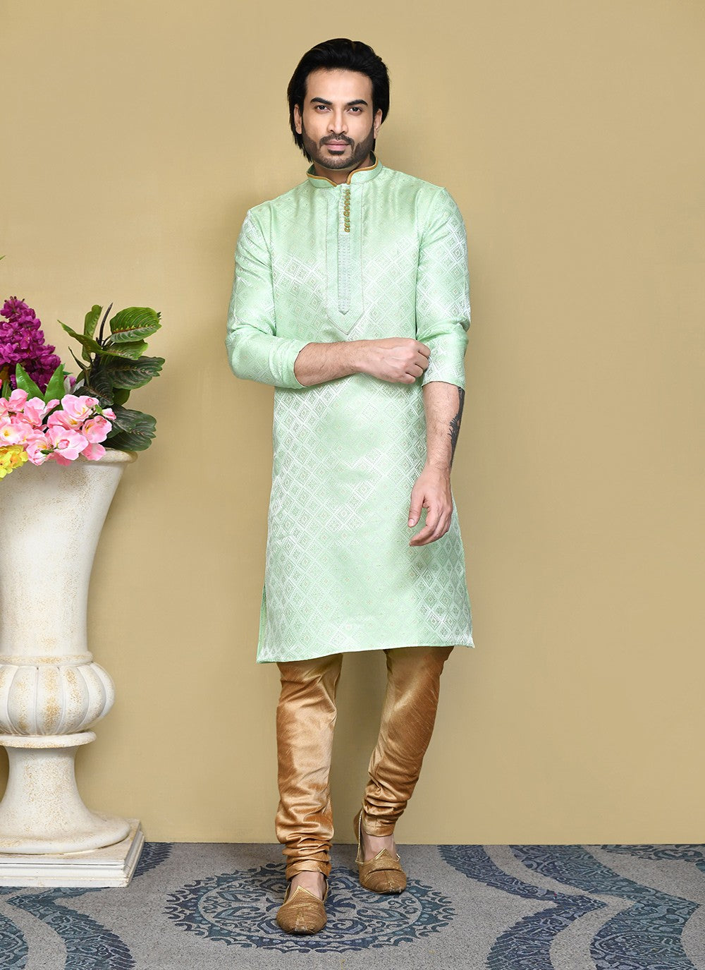 Resham Art Silk Green Kurta Pyjama - M7837