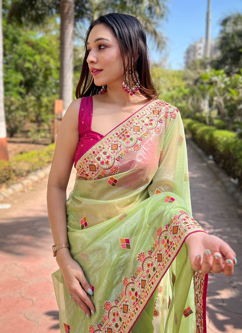 Contemporary Embroidered Silk, Tissue Peach Saree - S10672