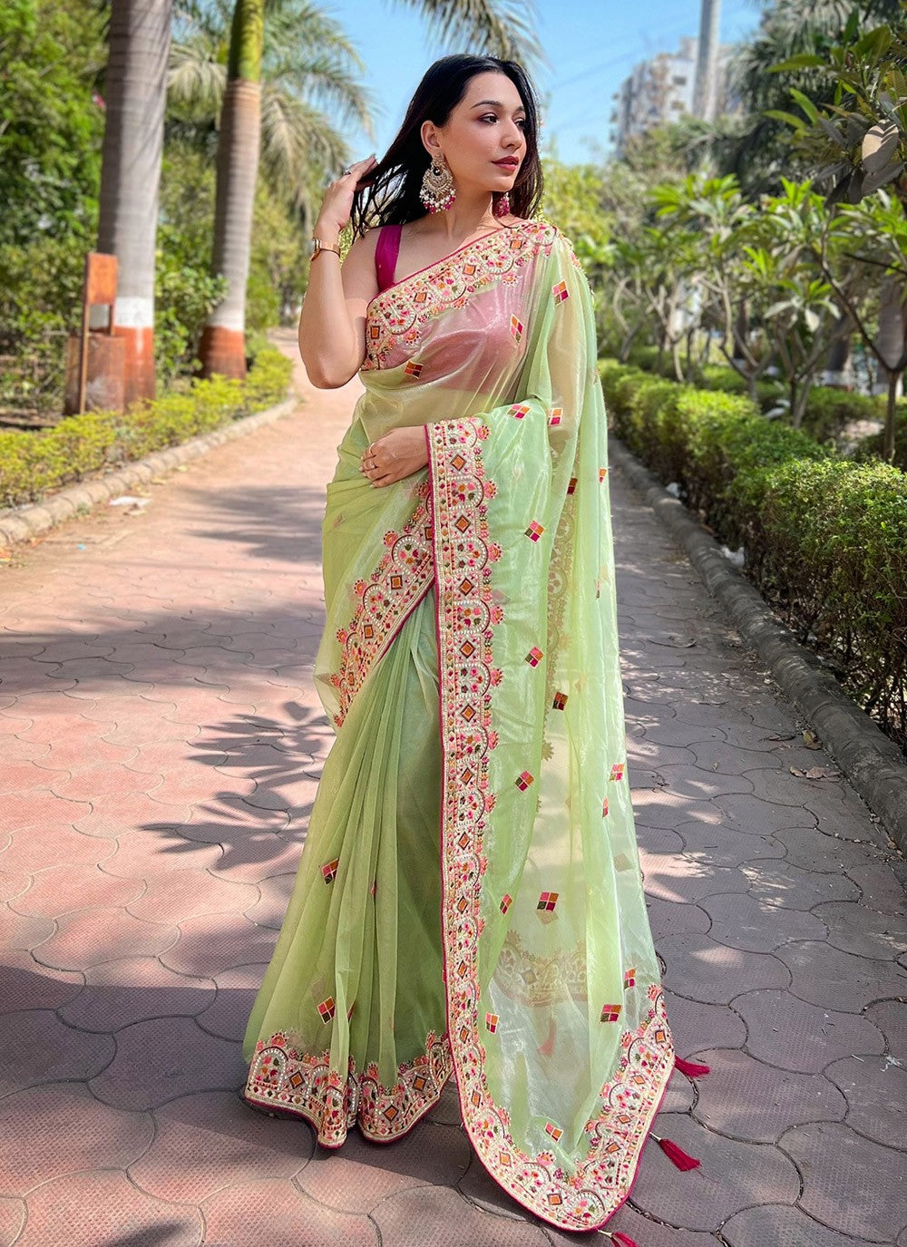 Contemporary Embroidered Silk, Tissue Peach Saree - S10672