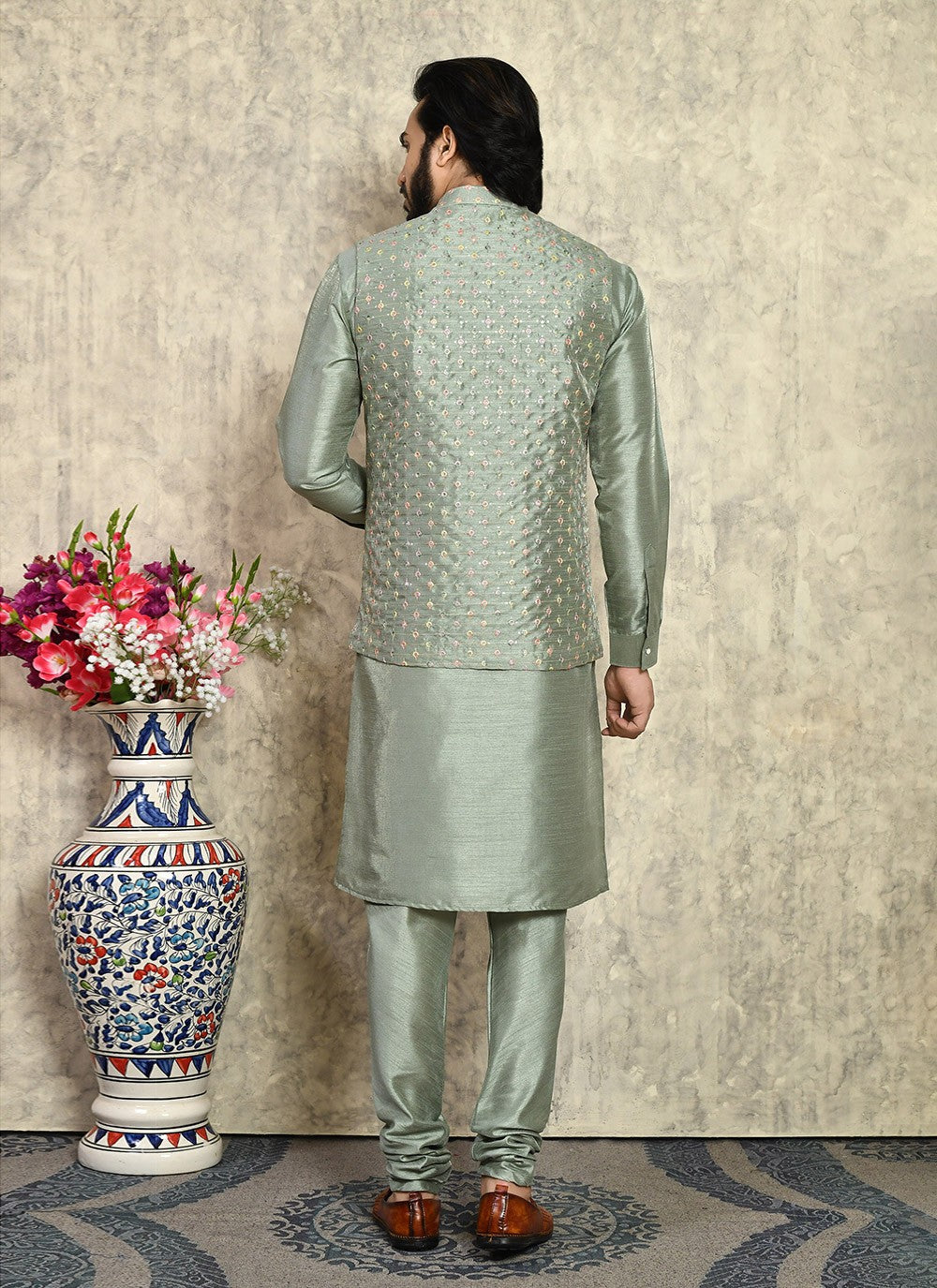 Embroidered Art Silk Green Kurta Payjama With Jacket - M8005