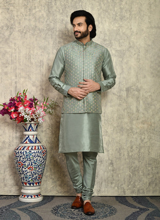 Embroidered Art Silk Green Kurta Payjama With Jacket - M8005