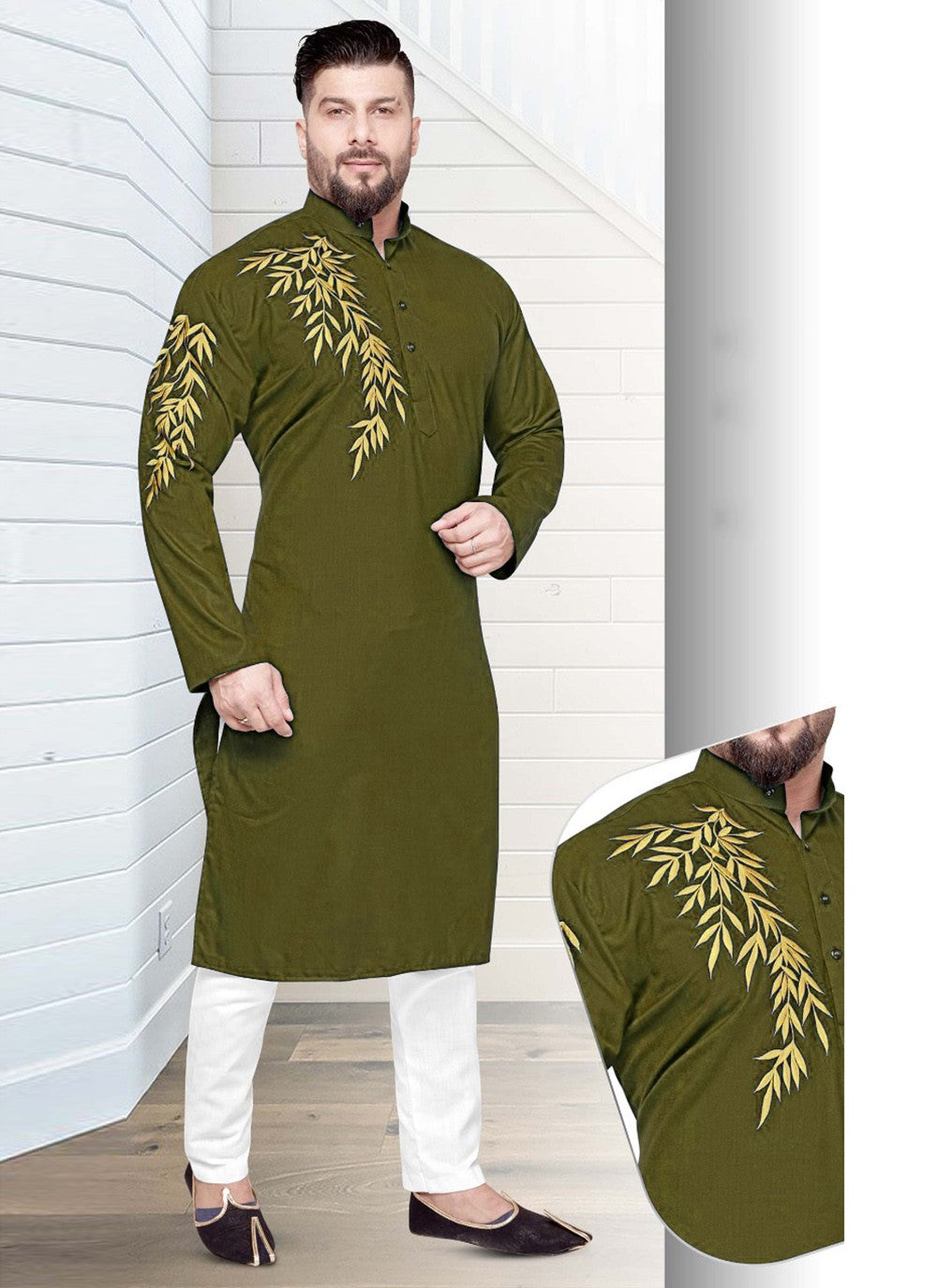 Resham Cotton Green Kurta Pyjama - M2224