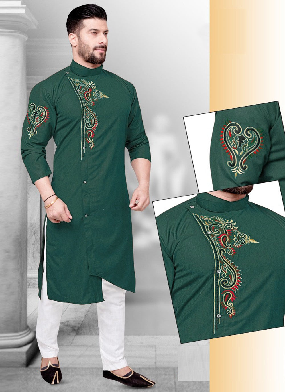 Resham Cotton Green Kurta Pyjama - M2230