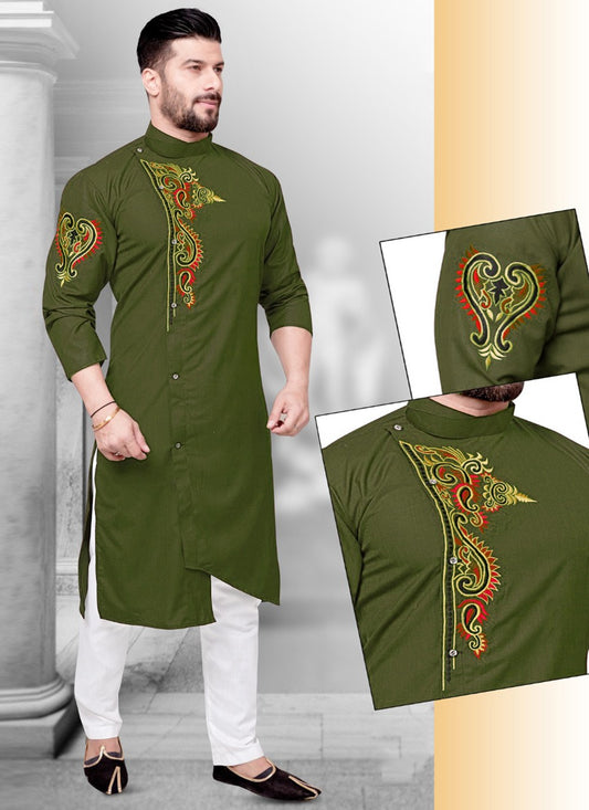 Resham Cotton Green Kurta Pyjama - M2225