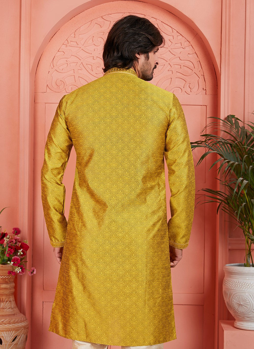 Mirror Brocade, Jacquard Silk Green Kurta Pyjama - M7752