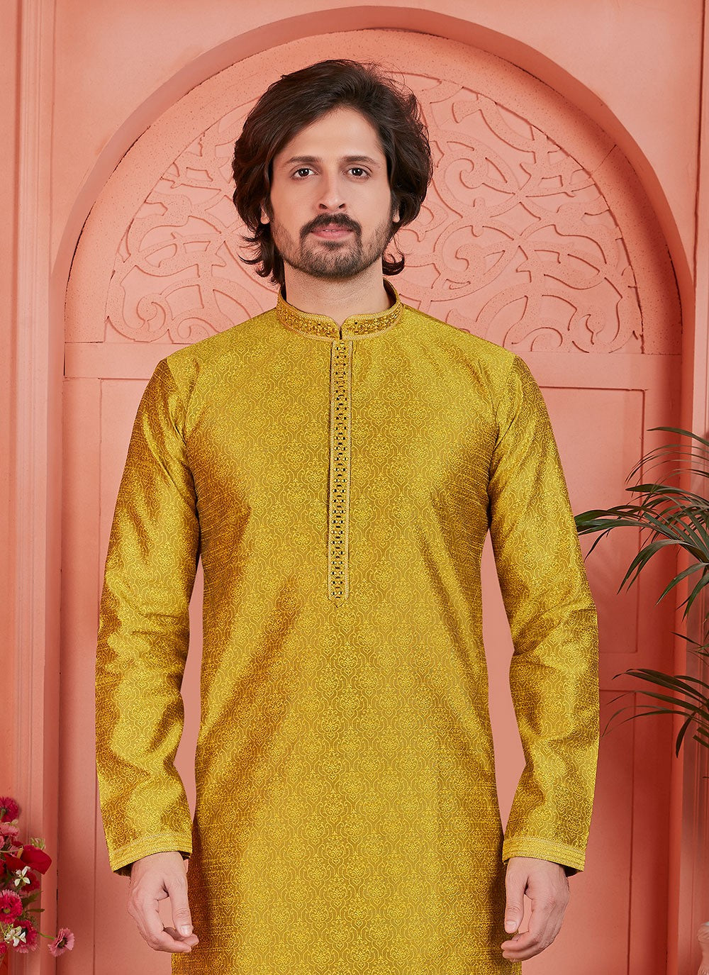 Mirror Brocade, Jacquard Silk Green Kurta Pyjama - M7752