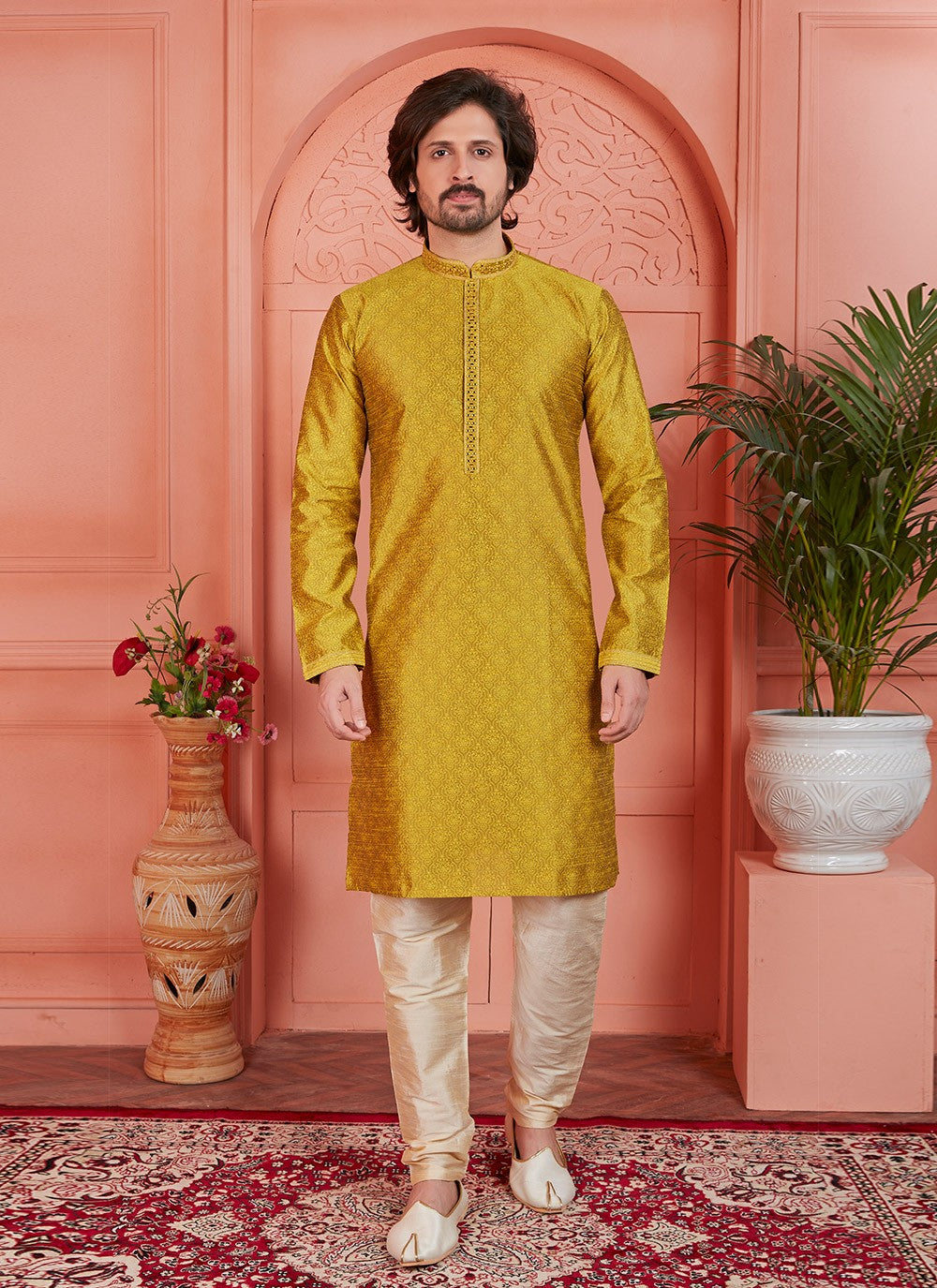 Mirror Brocade, Jacquard Silk Green Kurta Pyjama - M7752